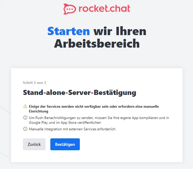 Rocket.chat-Logo oben; Überschrift 'Starten wir Ihren Arbeitsbereich'; weiße Karte mit 'Stand-alone-Server-Bestätigung' und zwei Buttons 'Zurück' und 'Bestätigen'.