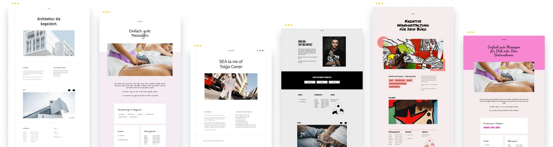 Mehrere Smartphone-Bildschirme nebeneinander zeigen verschiedene Website-Layouts mit Bildern, Textblöcken und Farbschemata.