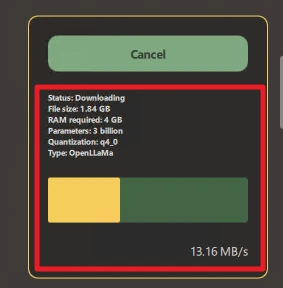 Dunkles UI-Fenster mit grüner Cancel-Schaltfläche; Statustext: Downloading, 1.84 GB, RAM 4 GB; zweifarbiger Fortschrittsbalken.