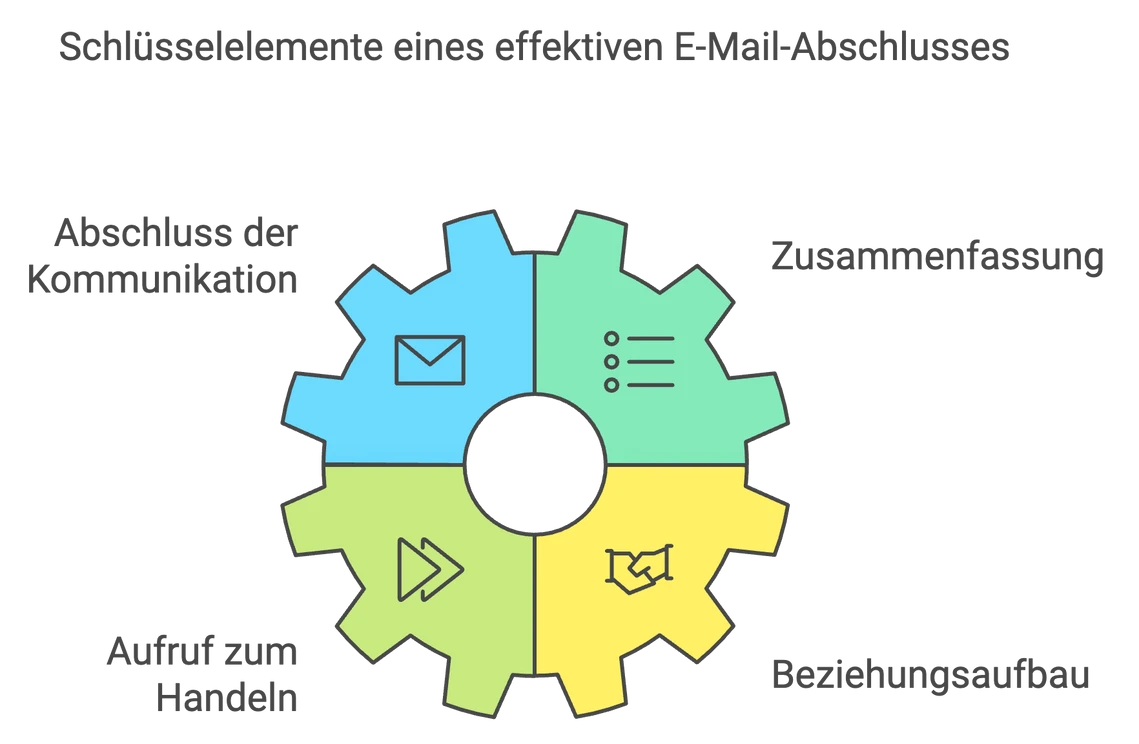 Zahnrad mit vier bunten Segmenten (blau, grün, hellgrün, gelb), zentrales Loch; Segmente enthalten Symbole.