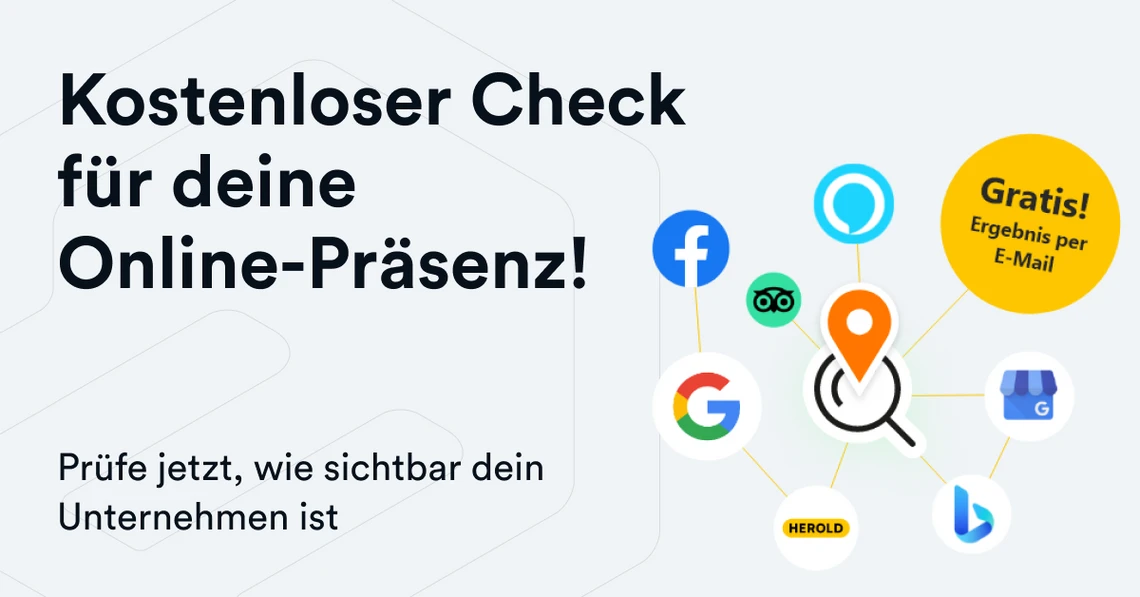 Werbebanner: Links Text Kostenloser Check; rechts Google-Icons, Facebook-Icons, Standort-Pin, Gratis-Kreis