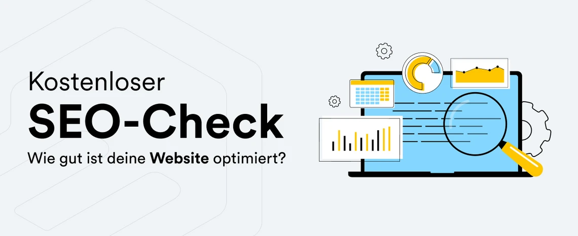 Linke Seite mit dem Text 'Kostenloser SEO-Check' und Unterzeile; rechts Laptop mit Diagrammen, Lupe und Zahnrädern.