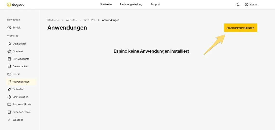 Screenshot einer Software-Oberfläche mit linker Navigation, Überschrift 'Anwendungen' und gelbem Button 'Anwendung installieren'.
