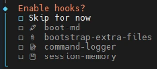 Terminal-Menü: 'Enable hooks?' mit Checkboxen: Skip for now, boot-md, bootstrap-extra-files, command-logger, session-memory.