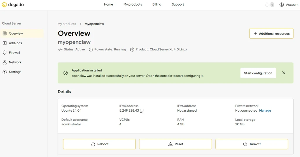 Screenshot einer Cloud-Server-Verwaltungsoberfläche mit Übersicht: Status Active, Running, Linux-Server; grüne Meldung.
