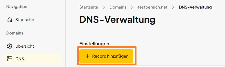 DNS-Verwaltungsseite: linke Navigation, Überschrift DNS-Verwaltung, gelb umrissener Button '+ Record hinzufügen'.