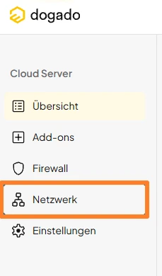 Dogado Cloud-Server-Oberfläche; linke Seitenleiste mit Übersicht, Add-ons, Firewall, Netzwerk und Einstellungen; Logo oben.