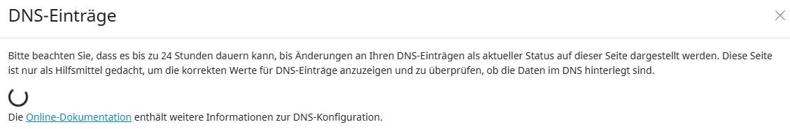 Dialogfenster mit der Überschrift DNS-Einträge; mehrzeiliger deutscher Text und ein blauer Link.