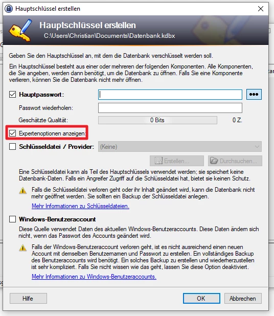 Dialogfenster 'Hauptschlüssel erstellen' mit Feldern für Hauptpasswort und Wiederholung, Checkbox 'Exponentenoptionen anzeigen'.