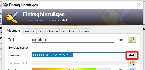 Screenshot eines Dialogfensters 'Eintrag hinzufügen' mit Titel dogado.de, Feldern Benutzername und Passwort, Ellipsen-Button
