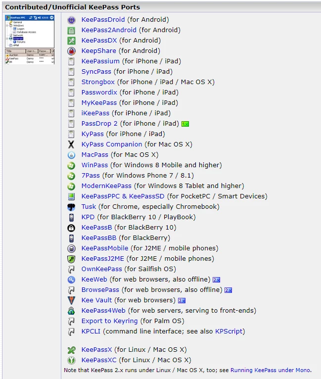Screenshot einer Liste von KeePass-Ports mit Icons, Überschrift 'Contributed/Unofficial KeePass Ports'.