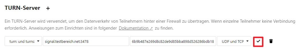 UI-Block TURN-Server mit Überschrift 'TURN-Server +', erläuternder Text, Adressenzeile; rotes Dropdown-Symbol hervorgehoben.
