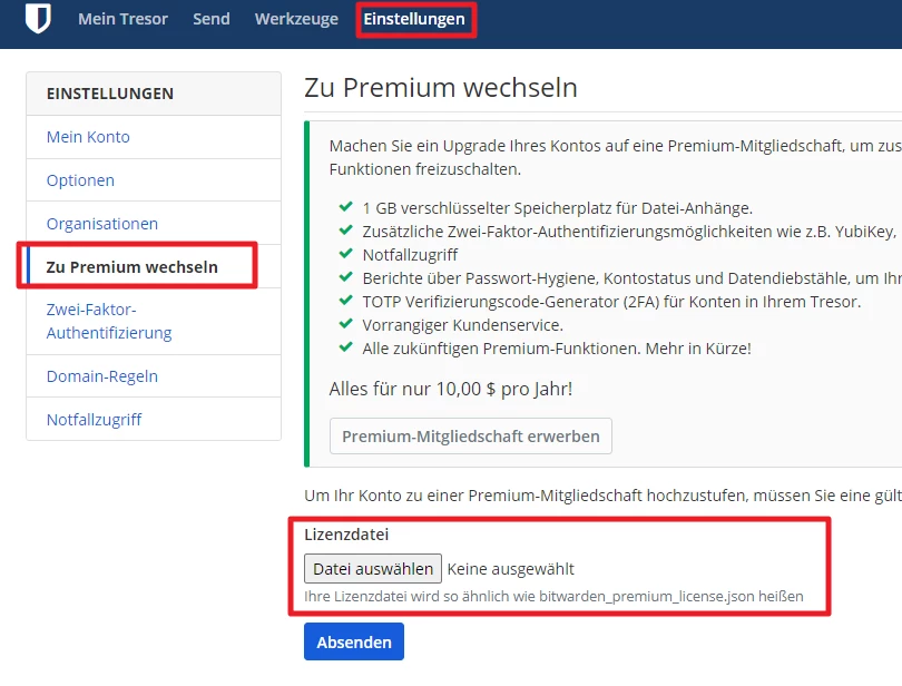 Screenshot einer Einstellungsseite: Linkes Menü mit hervorgehobenem 'Zu Premium wechseln'; Lizenzdatei mit 'Datei auswählen' und Absenden.