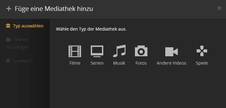 Screenshot einer dunklen Mediathek-Auswahl mit Symbolen für Filme, Serien, Musik, Fotos, Andere Videos und Spiele.