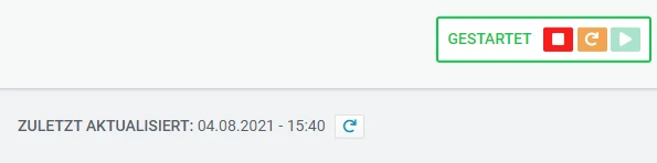 Webseiten-Screenshot: Grüner GESTARTET-Button oben rechts; daneben Symbole; Datum 04.08.2021 - 15:40.