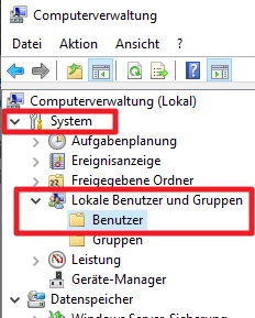 Computerverwaltung: Baumstruktur zeigt System, Lokale Benutzer und Gruppen; Benutzer- und Gruppenordner sichtbar.