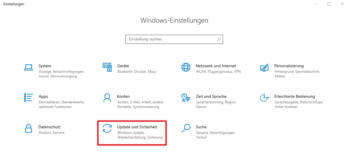 Screenshot der Windows-Einstellungen mit mehreren Kacheln; Kachel 'Update und Sicherheit' ist hervorgehoben.