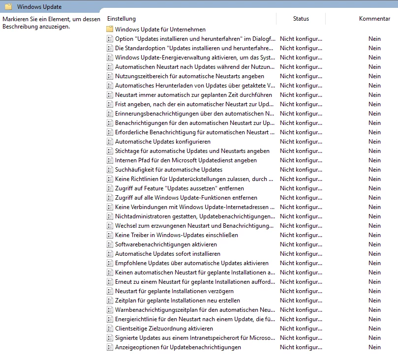 Screenshot eines Windows-Update-Fensters mit Update-Liste, Spalten 'Status' und 'Kommentar'.