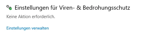 Windows-Sicherheitsfenster: Schild-Icon, Titel 'Einstellungen für Viren- & Bedrohungsschutz', Link 'Einstellungen verwalten'.