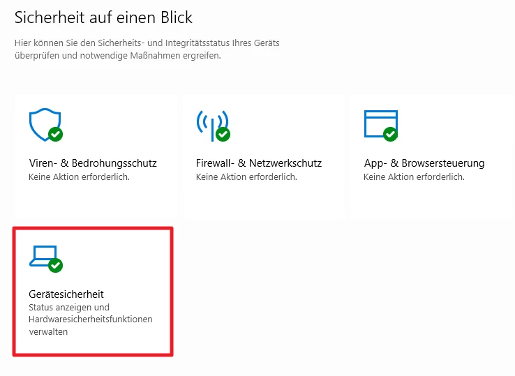 Windows-Sicherheitsübersicht: Viren- & Bedrohungsschutz, Firewall- & Netzwerkschutz, App- & Browsersteuerung, Geräteicherheit