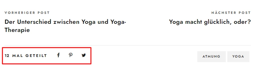 Prev/Next-Post Links, Titel der aktuellen Seite; rote Box '12 MAL GETEILT' mit Icons; Tags ATMUNG, YOGA.
