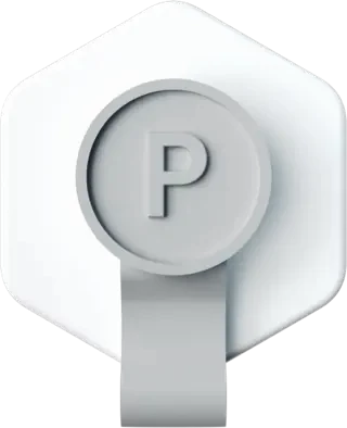 Weißes 3D-Piktogramm mit grauem Kreis und dem Buchstaben P, auf weißem sechseckigem Hintergrund.