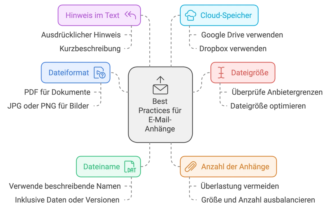 Zentrales Kästchen 'Best Practices für E‑Mail-Anhänge' mit bunten Randkästen: Dateiformat, Dateigröße, Dateiname, Anzahl der Anhänge.