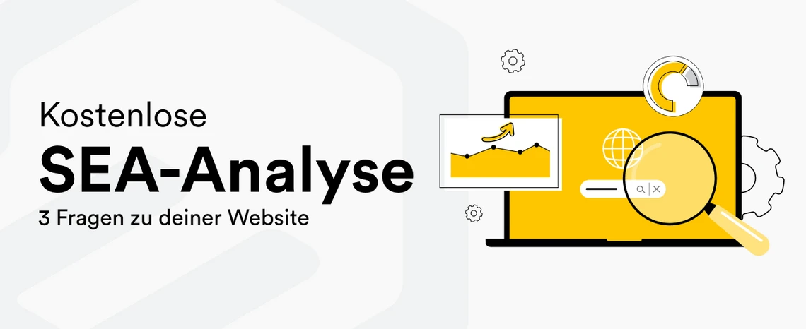 Linke Seite: Text 'Kostenlose SEA-Analyse'. Rechte Seite: gelber Laptop mit Grafiken, Lupe und Zahnrädern.