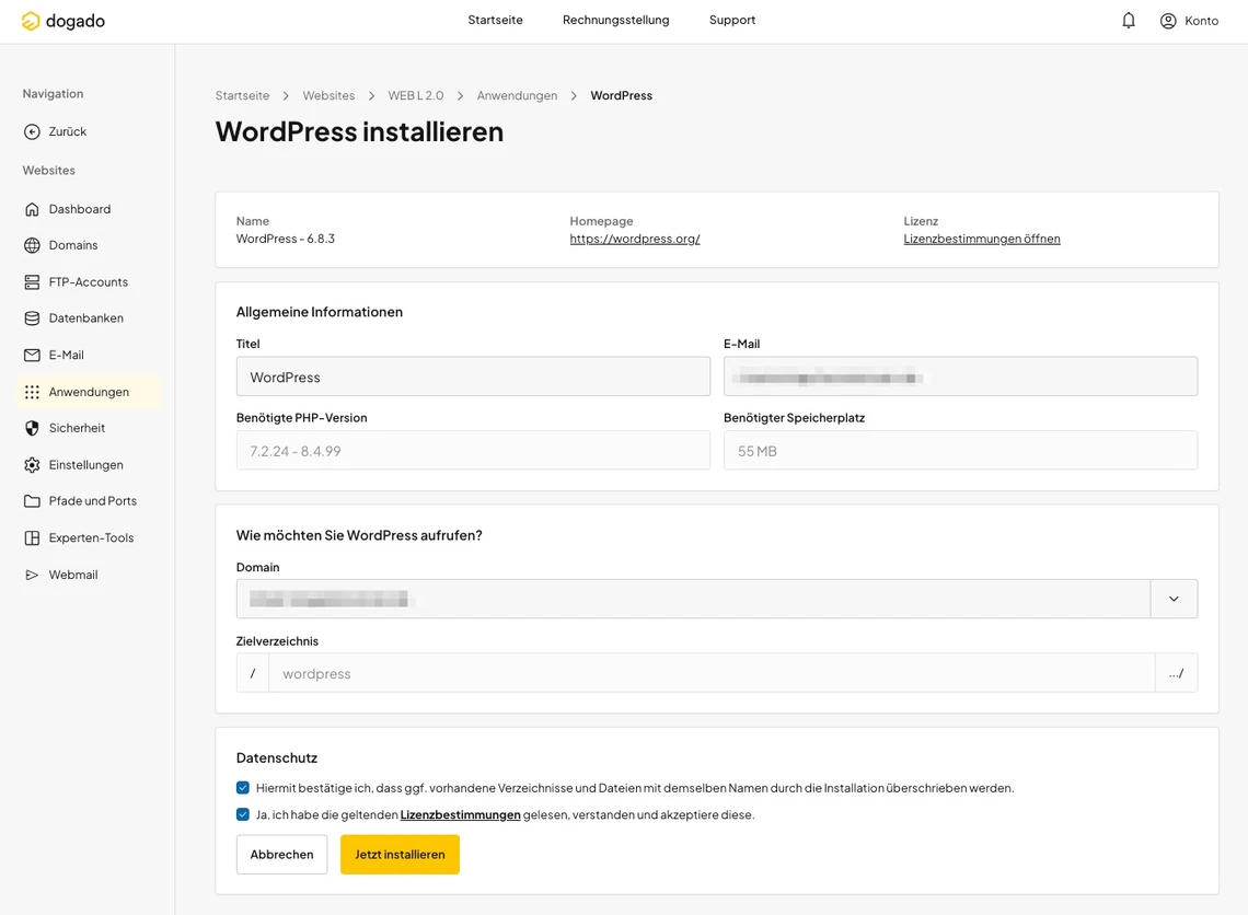Screenshot einer Hosting-Oberfläche mit WordPress installieren; linke Navigation, Box Allgemeine Informationen.