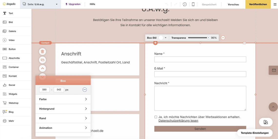 Screenshots eines Editors: linke Symbolleiste, peachfarbener Hintergrund; Formular mit Name, Nachricht und Senden-Button.