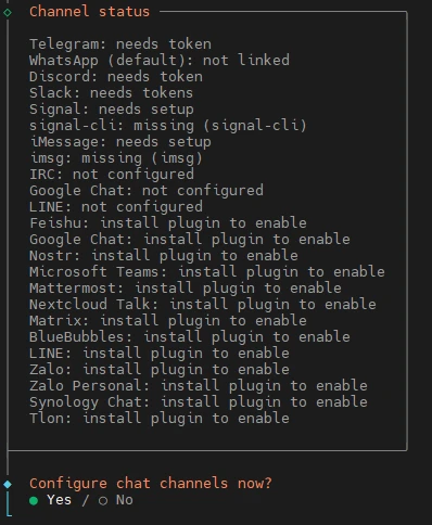 Terminalfenster: Channel status – Liste von Kanälen (Telegram; WhatsApp; Discord) Configure chat channels now? Yes / No.