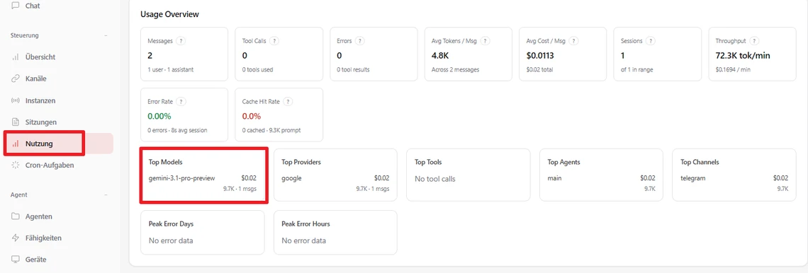 Screenshot eines Dashboards: linke Seitenleiste mit markierter 'Nutzung'; zentrale Karten mit 'Usage Overview'.