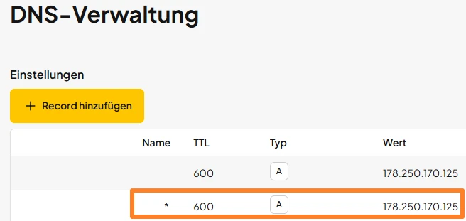 DNS-Verwaltung: Tabelle mit Name, TTL, Typ und Wert; gelber Button 'Record hinzufügen'; Zeile 600 A 178.250.170.125.