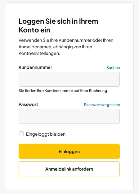 Login mit Felder Kundennummer und Passwort, Checkbox Eingeloggt bleiben, gelber Einloggen-Button und weißer Anmeldelink anfordern.