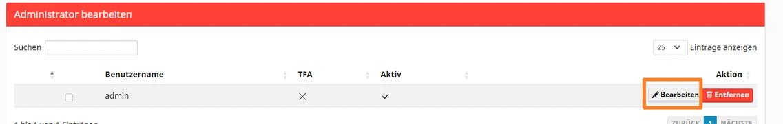 Screenshot eines Admin-Benutzerverwaltungsfensters mit einer Zeile 'admin' und orangefarbenem Bearbeiten-Button.