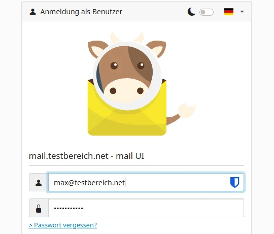 Cartoon-Pferd schaut aus einem gelben Briefumschlag; Login-Schnittstelle mit Feldern für Benutzername und Passwort.