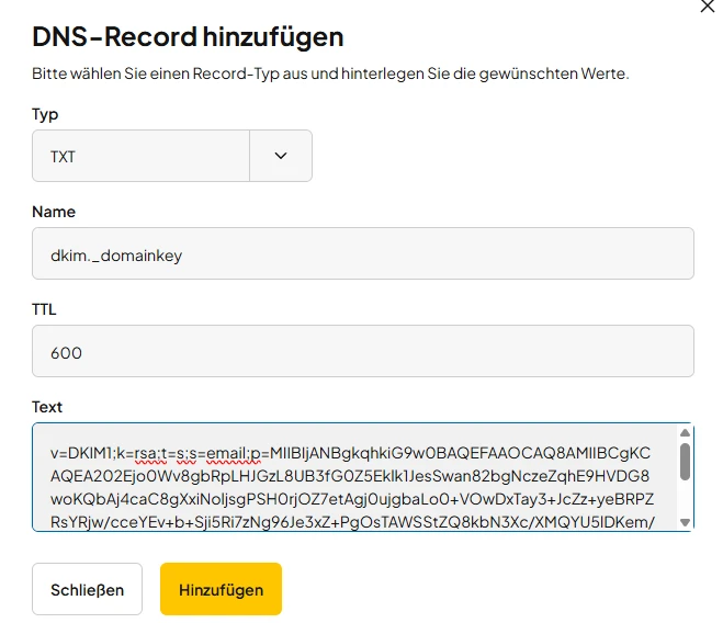 Fenster DNS-Record hinzufügen: Typ TXT, Name dkim._domainkey, TTL 600, Text mit DKIM-Wert; Schließen/Hinzufügen-Buttons.