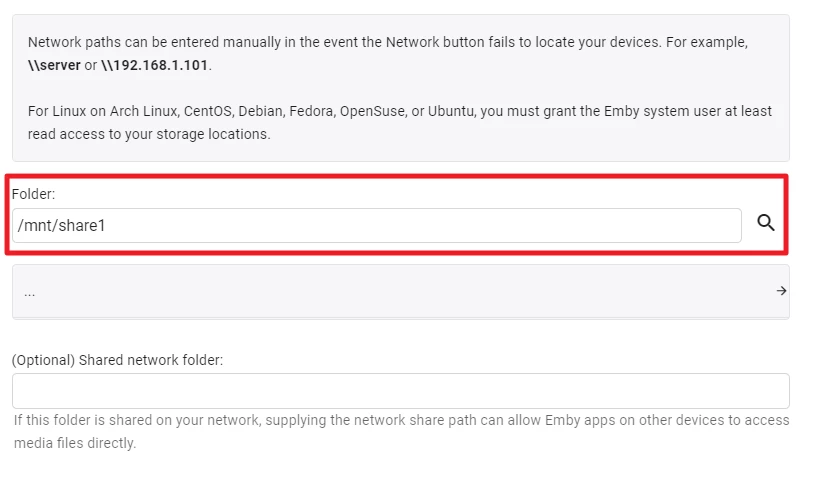 UI-Formular: Feld 'Folder:' zeigt '/mnt/share1' mit Suchsymbol rechts.