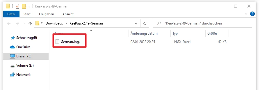 Windows-Datei-Explorer zeigt Datei German.lngx im Ordner KeePass-2.49-German