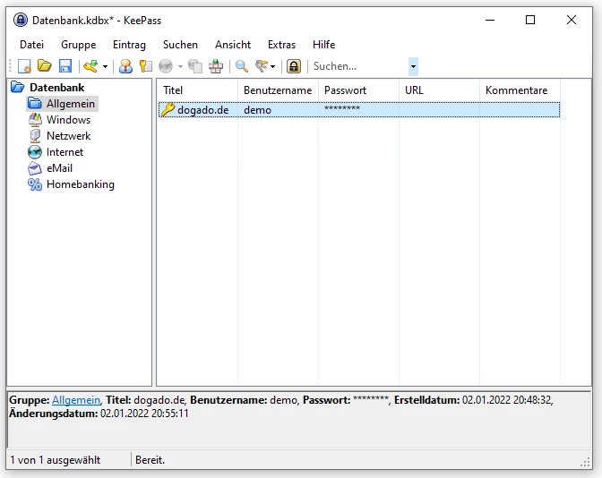 KeePass-Fenster: linker Gruppenbaum, rechte Liste; Eintrag 'dogado.de' – Benutzername: demo, Passwort verborgen.