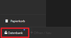 Datei-Explorer: Linke Leiste mit Papierkorb und Datenbank; roter Rahmen markiert den Datenbank-Eintrag, Schloss-Symbol sichtbar.