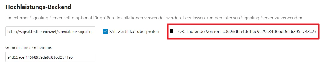 Screenshot einer Admin-Oberfläche mit Titel 'Hochleistungs-Backend', Checkboxen, laufende Version und Geheimnis-Feld.