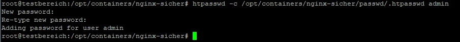 Dunkles Terminalfenster mit weißem Text; Befehl htpasswd -c /opt/containers/nginx-sicher/passwd/.htpasswd admin; grüner Cursor.