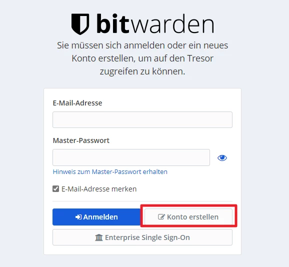 Bitwarden-Anmeldeseite mit Feldern für E‑Mail-Adresse und Master-Passwort; Buttons 'Anmelden' und hervorgehobenes 'Konto erstellen'.