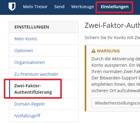 Screenshot einer Web-Oberfläche: Leiste 'Einstellungen', linkes Menü mit 'Zwei-Faktor-Authentifizierung' markiert.