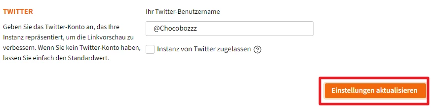 Screenshot einer Twitter-Einstellungsseite mit Eingabefeld Benutzername und orangefarbene Schaltfläche Einstellungen aktualisieren.