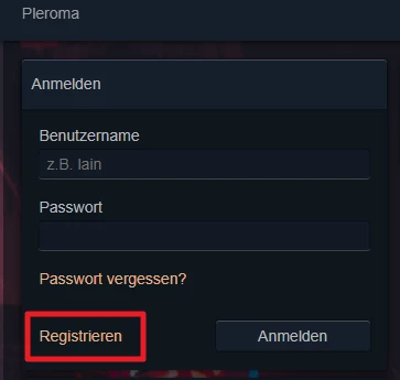 Dunkles Anmeldefenster mit Feldern Benutzername und Passwort, Link Passwort vergessen, Buttons Registrieren und Anmelden.