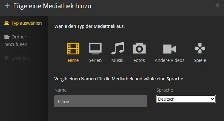 Dialog zum Hinzufügen einer Mediathek mit Symbolen für Filme, Serien, Musik, Fotos, Andere Videos, Spiele; linke Leiste.