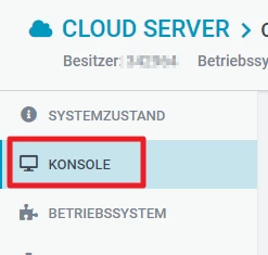 Linke Navigationsleiste eines Cloud-Server-Dashboards; SYSTEMZUSTAND mit KONSOLE (Monitorsymbol) in blauem Feld.