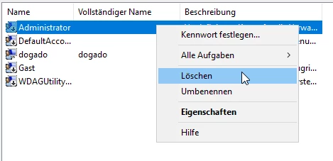 Windows-Benutzerkontenliste mit ausgewähltem Administrator; Kontextmenü enthält Löschen.